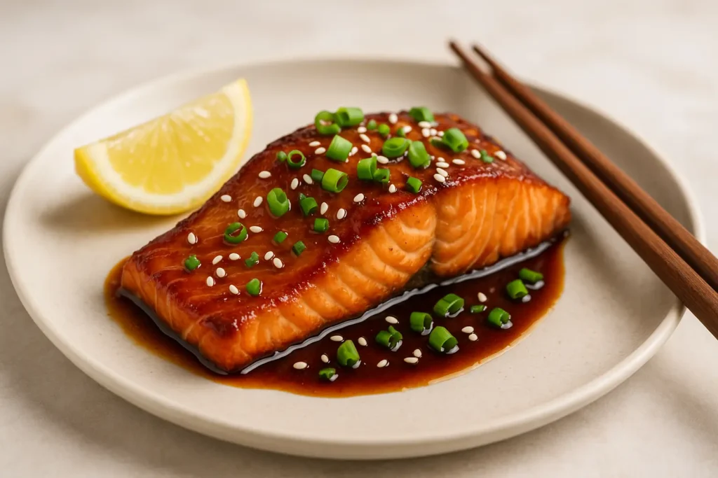 Teriyaki glazed salmon ready to serve