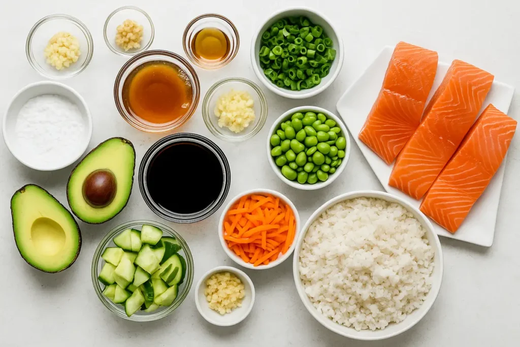 ingredients for teriyaki salmon bowl laid out neatly