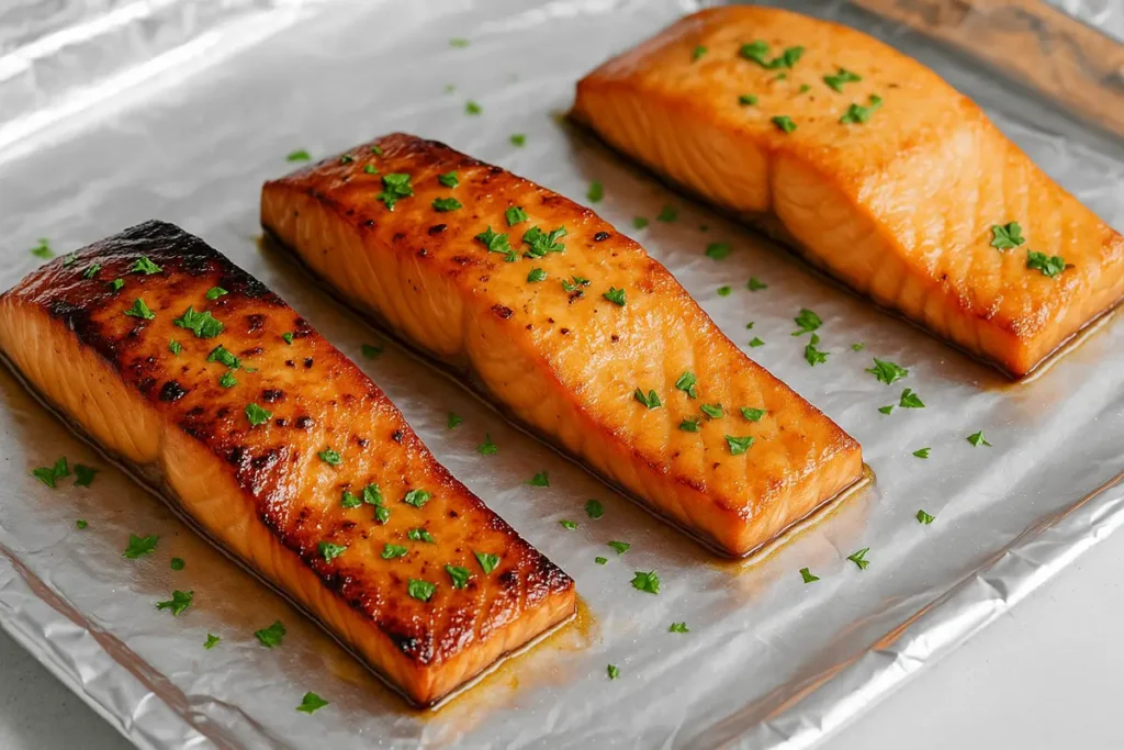 salmon fillets searing in teriyaki sauce