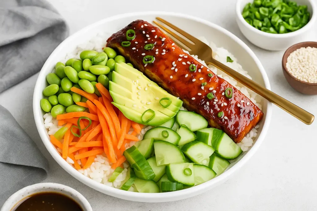 served teriyaki salmon bowl with toppings and sauce