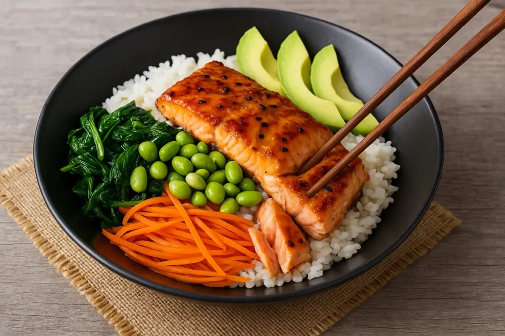served teriyaki salmon bowl with toppings and sauce