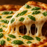 Cheesy Butter Pizza Pasta served in a white bowl with melted cheese