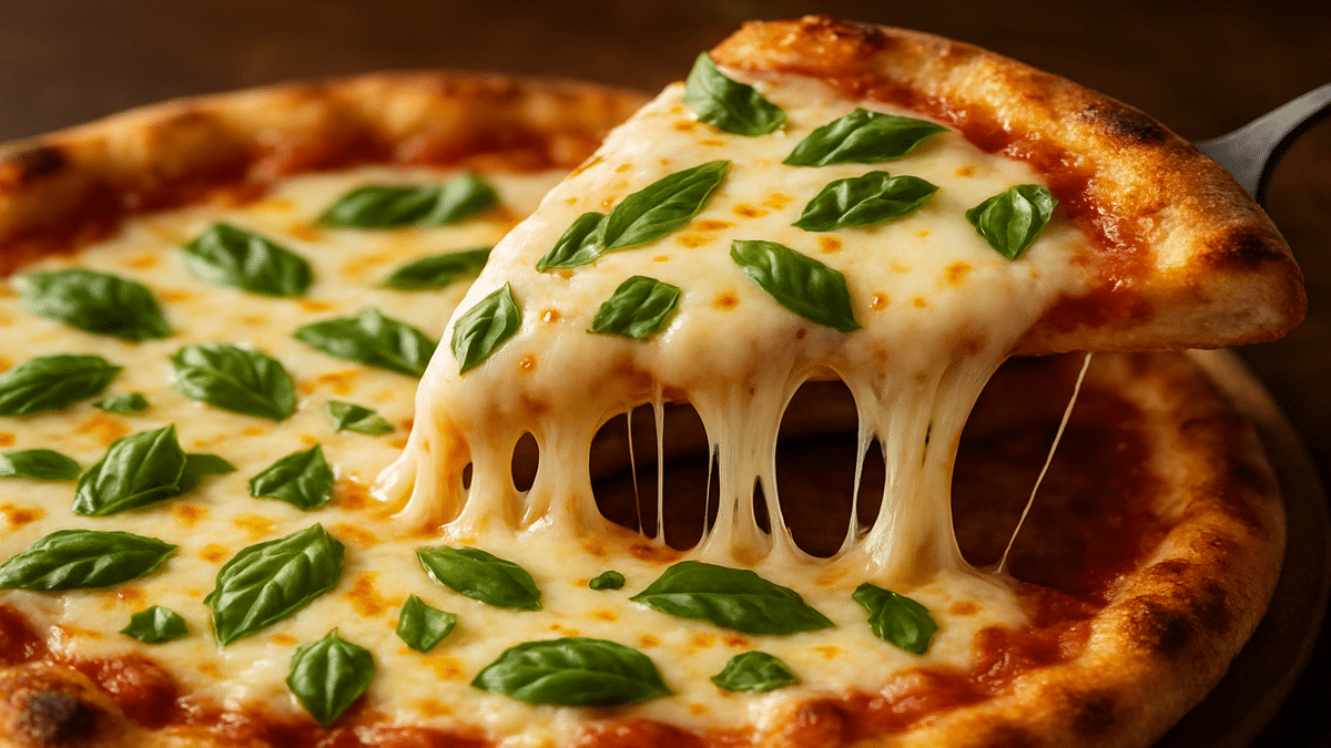 Cheesy Butter Pizza Pasta served in a white bowl with melted cheese