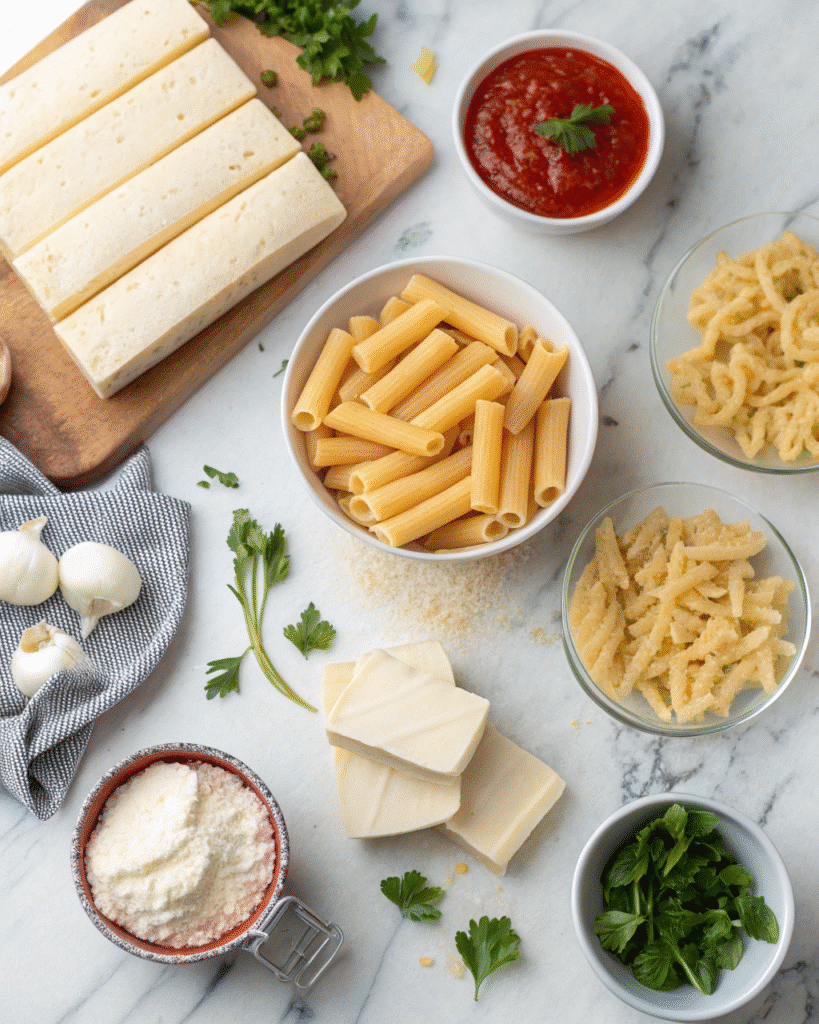 Cheesy Butter Pizza Pasta ingredients flat-lay