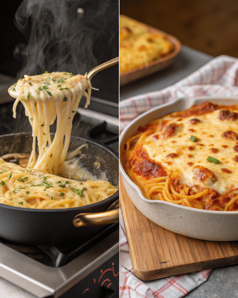 Cheesy Butter Pizza Pasta two cooking methods