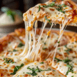Cheesy Butter Pizza Pasta served in a white bowl with melted cheese