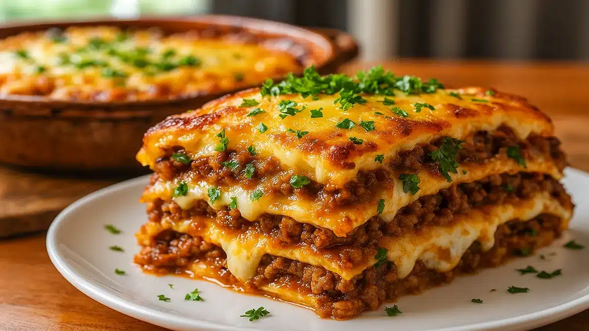 Ground beef and cheese tortilla stacks baked with golden cheese