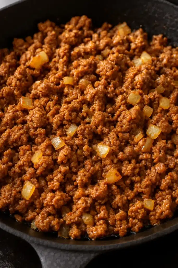 Seasoned ground beef cooking for tortilla stacks
